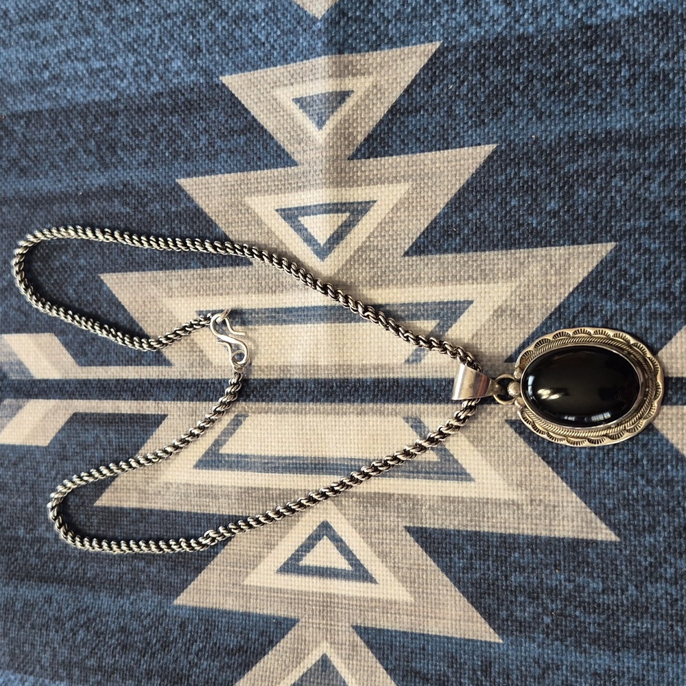 Navajo Signed Onyx & Sterling Silver Pendant